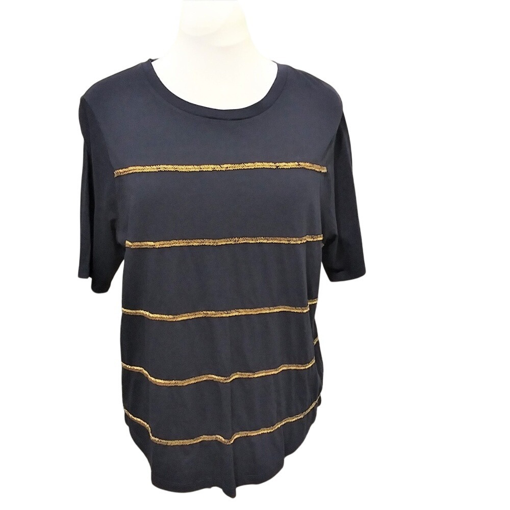Lauren Ralph Lauren Navy Gold Beaded Stripe Short Sleeve Top NEW L